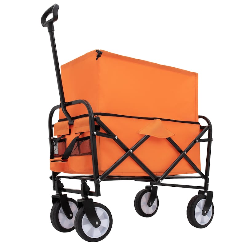 Heavy-Duty Collapsible Wagon with Storage Straps - 225lb Capacity Utility Cart, Orange