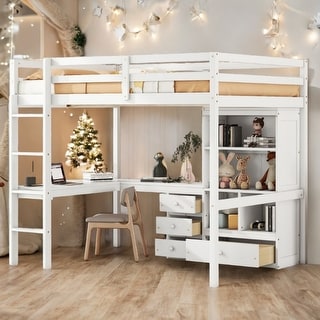 Modern Full Size Loft Bed with Built-in Desk，Storage Shelves and Drawers for Bedroom