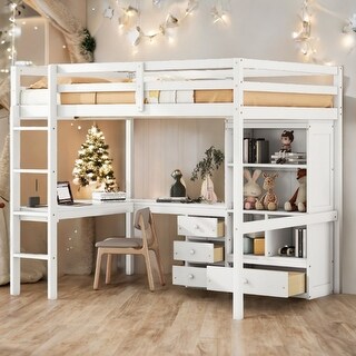 White Modern Full Size Loft Bed with Built-in Desk, Storage Shelves and Drawers for Bedroom