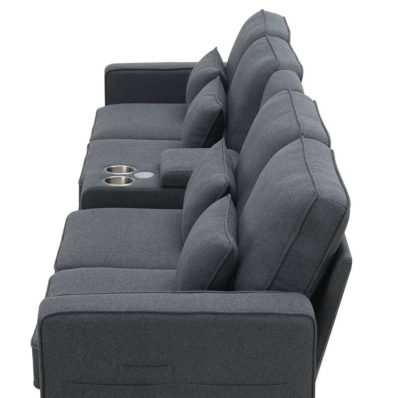 Linen Straight Row Sectional Sofa w4 Pillows, Console, Wired or Wirelessly Charged, Side Pockets, 2 Cupholders and 2 USB Ports