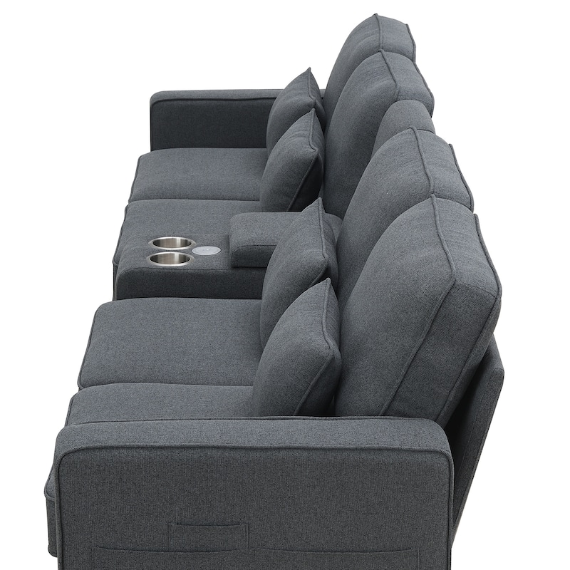 Modern 4-Seat Sofa with Console, Wireless Charging, 2 Cupholders, and 4 Pillows, Upholstered in Linen Fabric