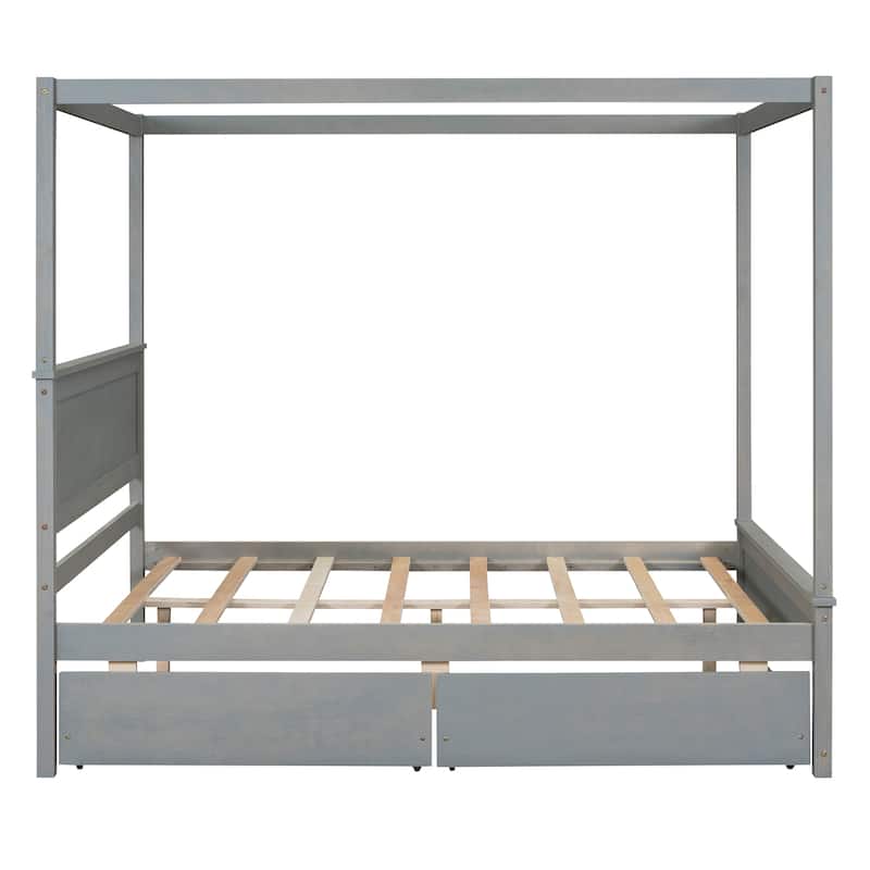 Full Size Wood Canopy Bed with 2 Drawers - Modern Design for Stylish Bedrooms, Brushed White/Brown/Grey