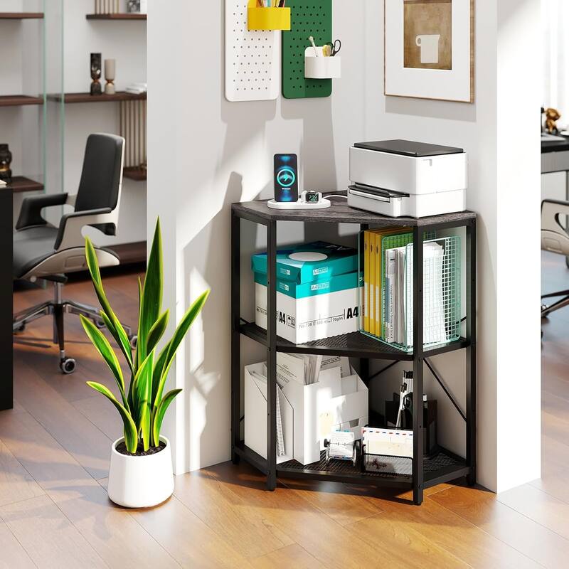 3-Tier Storage Rack Corner Printer Stand w/ Power Outlet