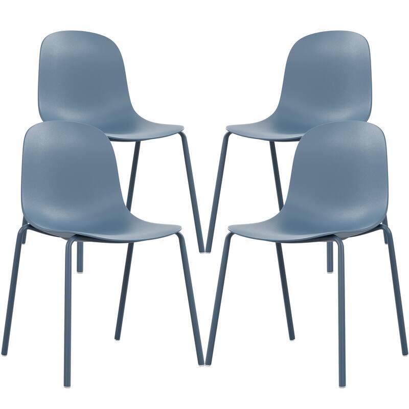 Modern Plastic Stackable Dining Chair Set of 4 with Metal Legs for Indoor or Outdoor - Blue
