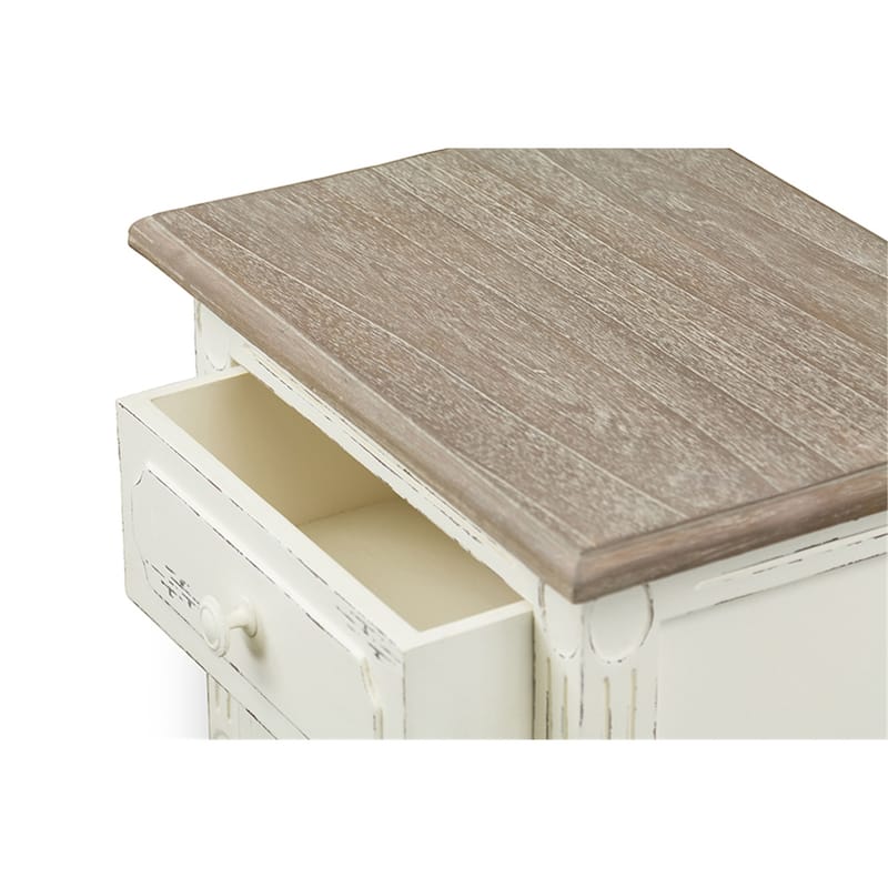 Antique Nightstand with Drawers - White Bedside Table, Mindi Wood Top, Small Space Storage