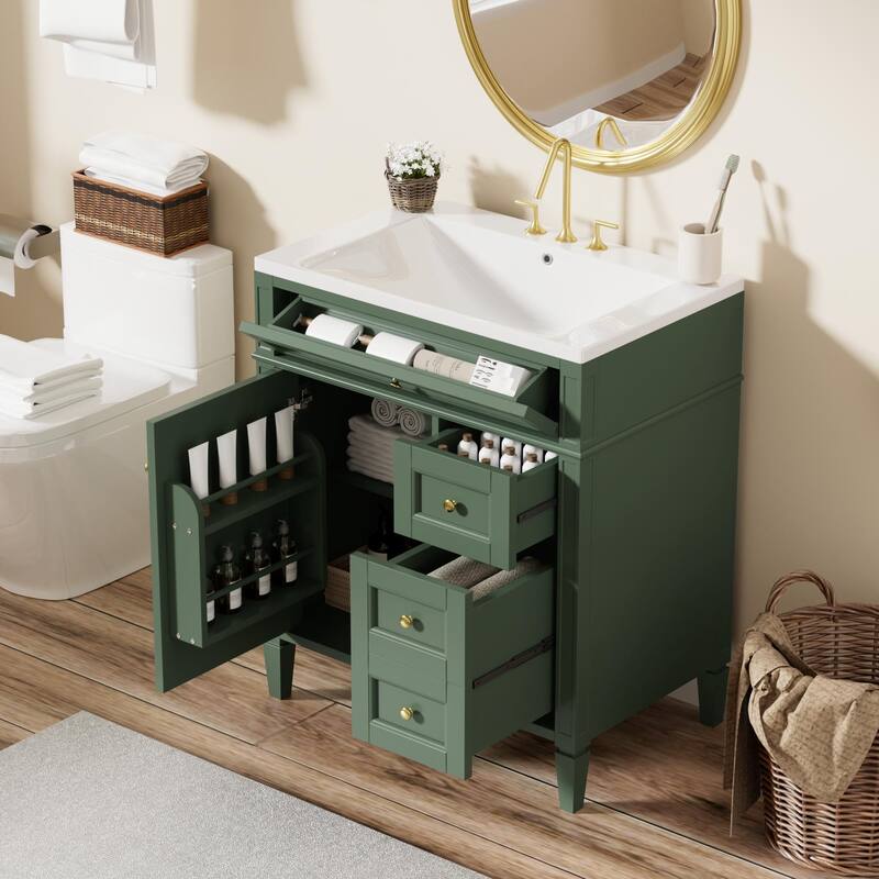 30'' Bathroom Vanity with Top Sink, Modern Bathroom Storage Cabinet with 2 Drawers, a Tip-out Drawer and Adjustable Shelf - Green
