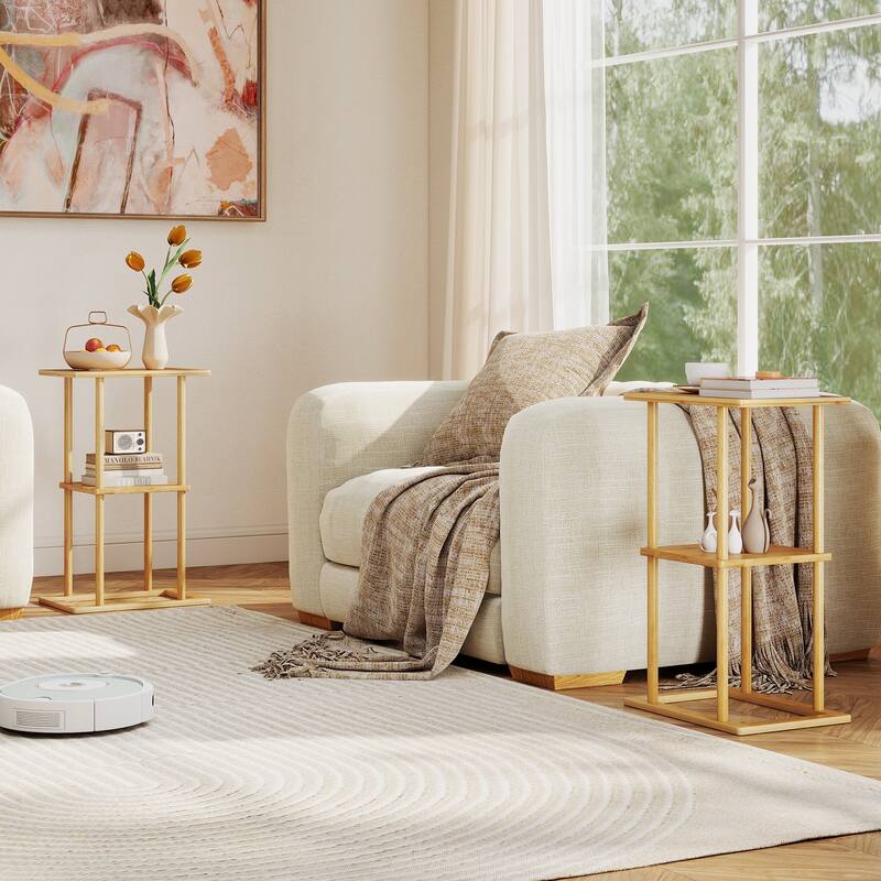 Gymax 2 Pieces Side Table w/Storage Shelves & Bamboo Construction for