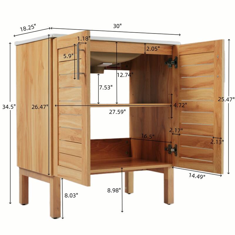 Roomfitters 30" Antique Bathroom Vanity with Ceramic Sink, Mid-Century Cabinet with Soft-Close Doors, Antique Natural