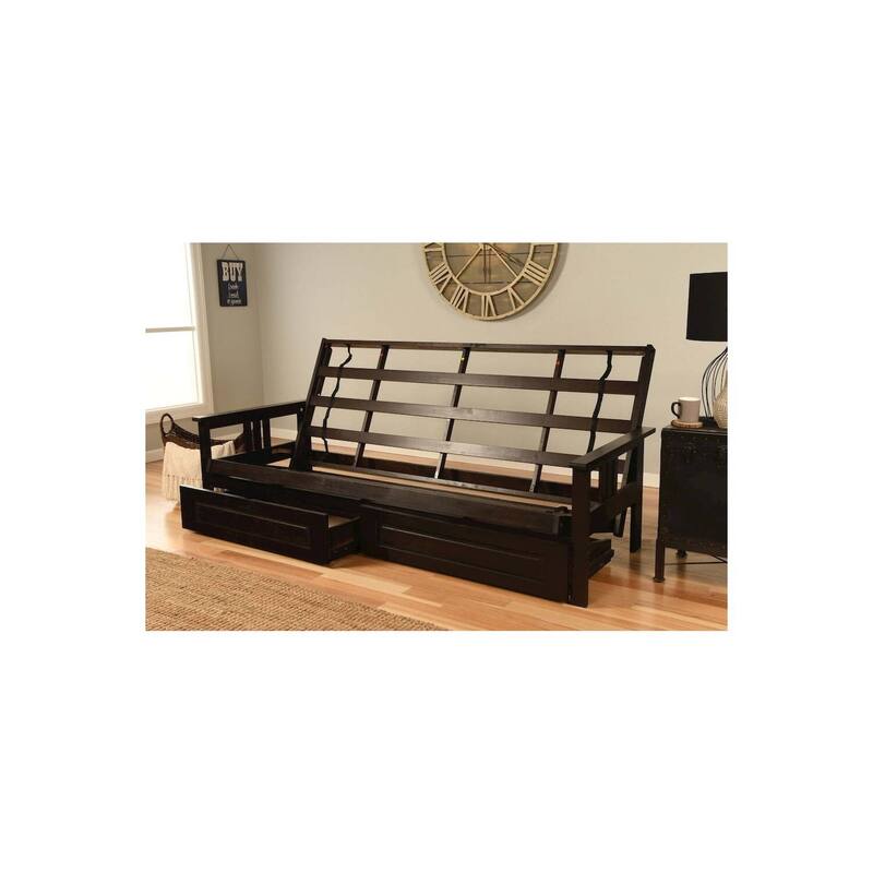 Monterey Queen Futon Frame with Espresso Finish and Marmont Mocha Mattress and Storage Drawers - Smart Space Saver