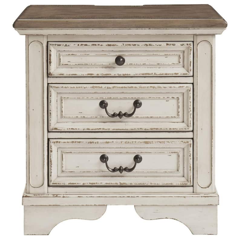 Farah 27 Inch Nightstand | 3 Drawers with Charging | Cottage Distressed White, Dark Bronze