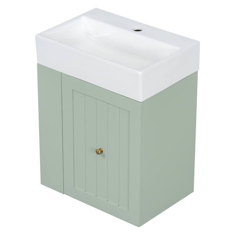 20 Inch Wall-mounted Bathroom Vanity with Ceramic Sink, Floating Bathroom Vanity Cabinet with Side Shelf for Small Bathrooms
