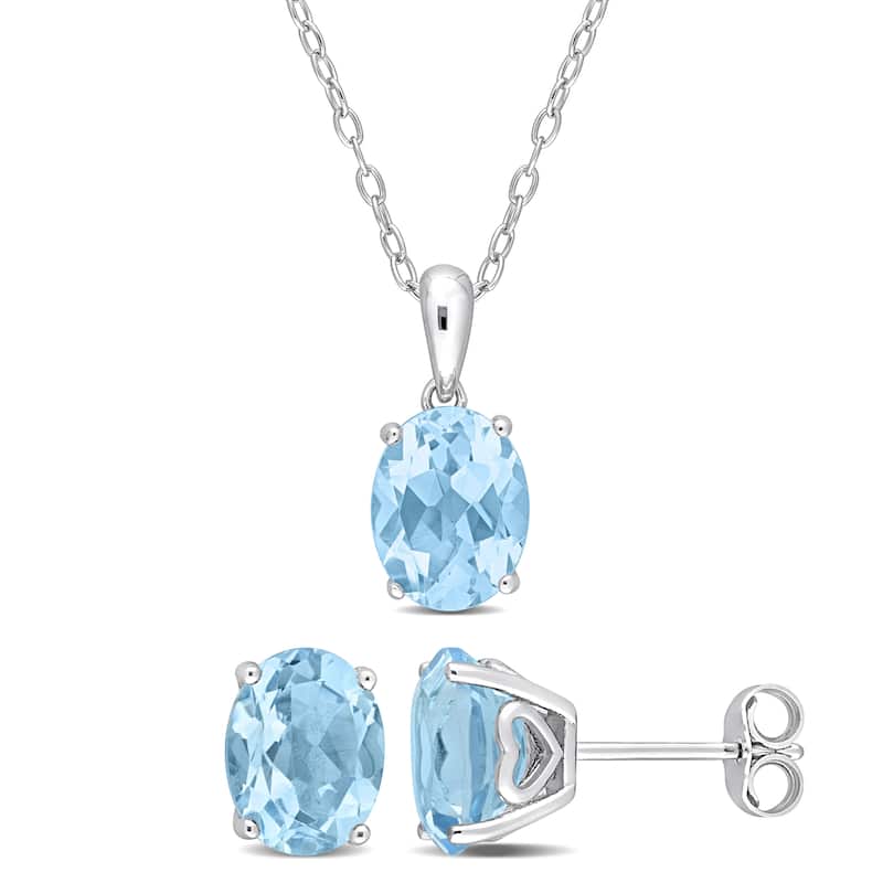 Miadora 7 1/2ct TGW Oval Sky Blue Topaz Solitaire Necklace and Stud Earrings Set in Sterling Silver