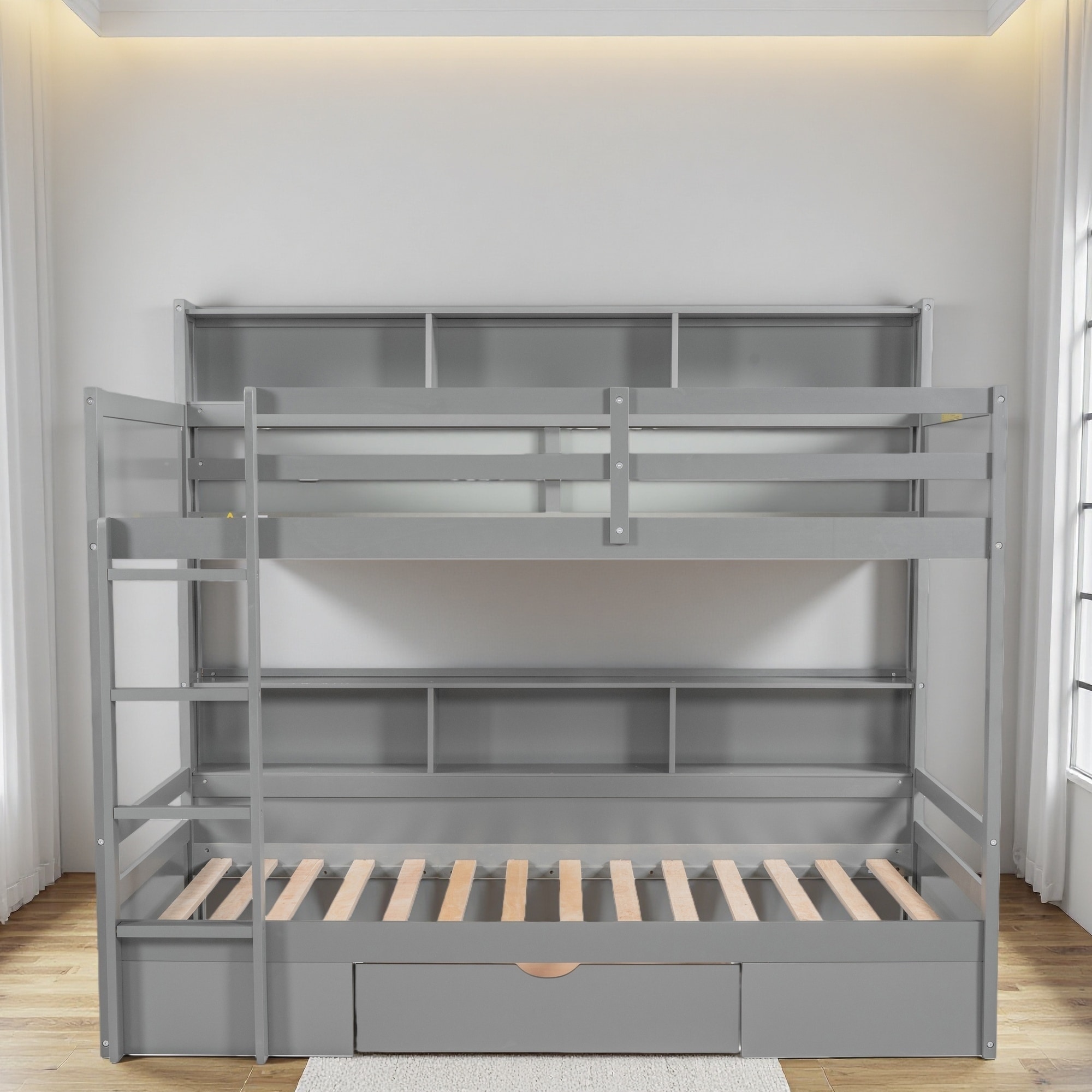 Twin Pine Bunk Bed, Built-in Shelves & Storage Drawer