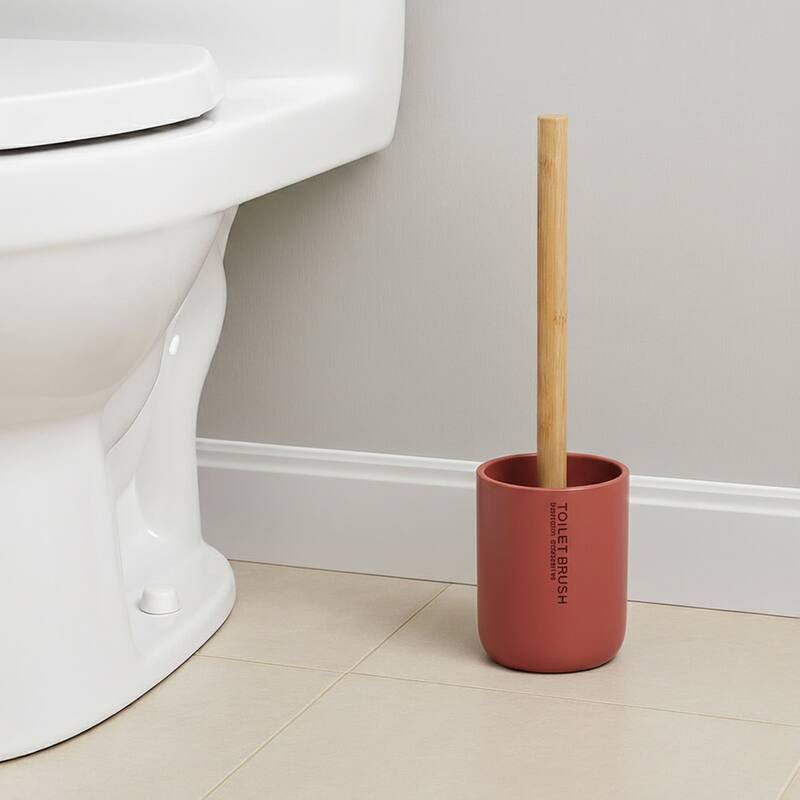 Chic Matte Toilet Brush Holder Set with Natural Bamboo Handle - 4 L x 4 W x 14.8 H - Terracotta