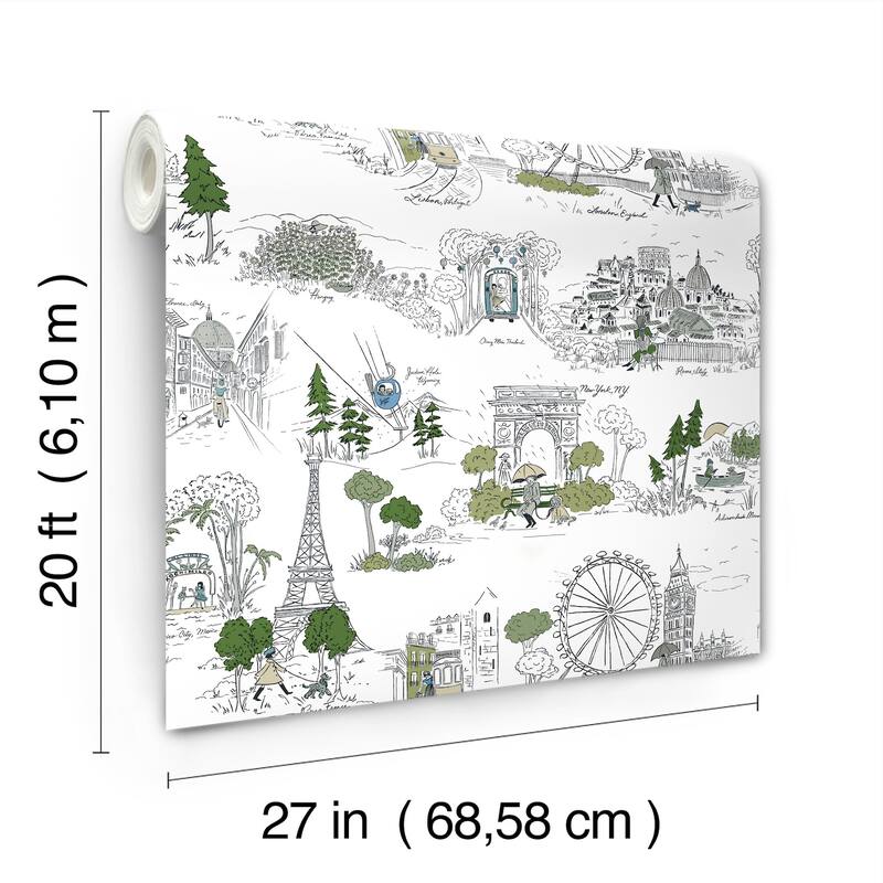 Rifle Paper Co. Travel Sketches Blue Globetrotter Premium Peel + Stick Wallpaper