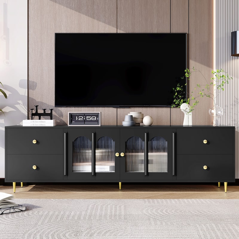 70.9" Glass Door TV Stand with Round Handle, Media Storage TV Console Table with 4 Drawers, 2 Cabinets for TVs up to 75''