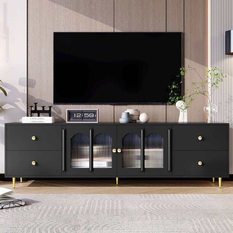 70.9" TV Stand with Glass Doors and 4 Drawers with Adjustable Legs
