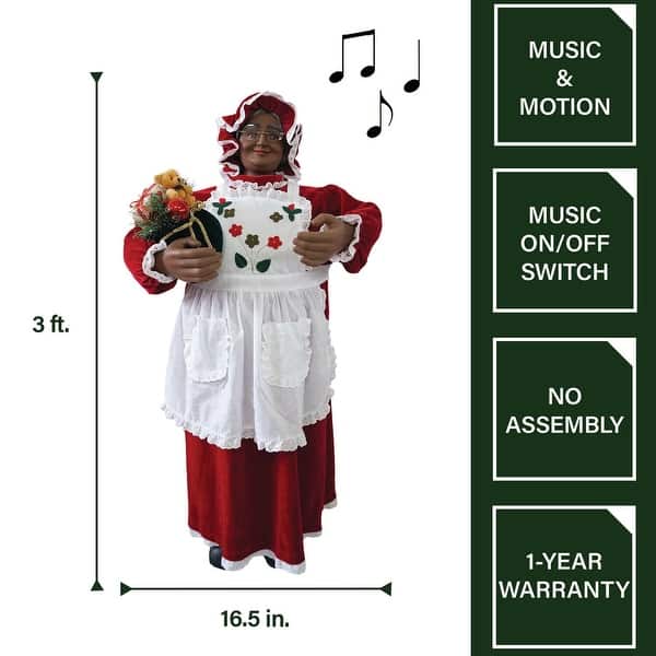 Fraser Hill Farm 3-Ft. Music and Motion African American Mrs. Claus with Apron - Animated Indoor Holiday Home Decor