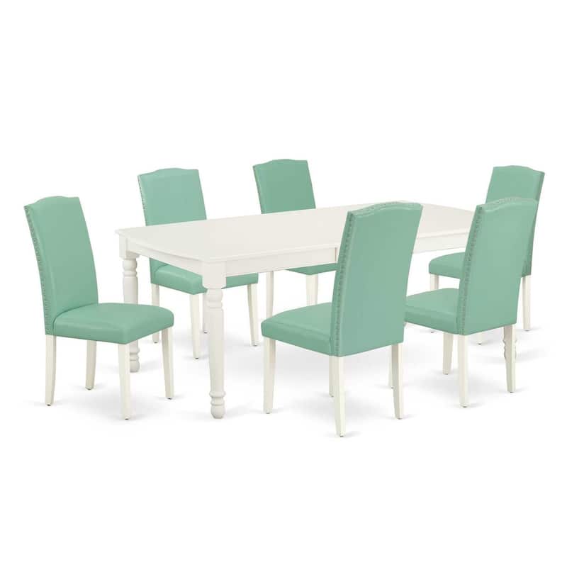 Renaissance Dining Set 7Pc Rectangle Table w/ Leaf & 6 Chairs - Linen White Legs, Pond PU Leather