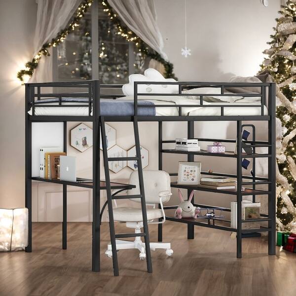 slide 2 of 22, Modern Full Size Loft Bed with 3 Layers of Shelves and Desk with Whiteboard and Metal Frame for Bedroom Black