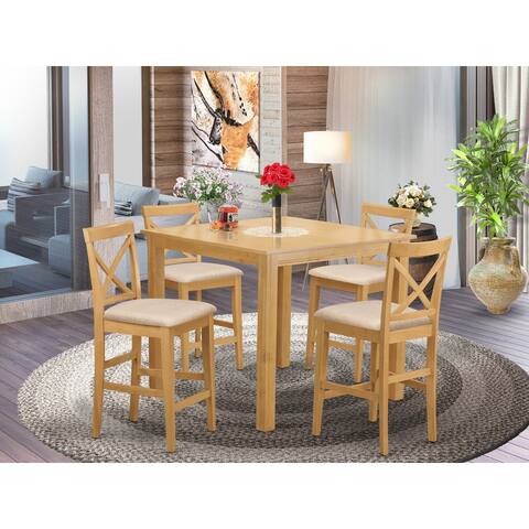 East West Furniture 5-piece Counter Height Dining Room Pub Set - a Table and Chairs - Oak Finish (Seat's Type Options)