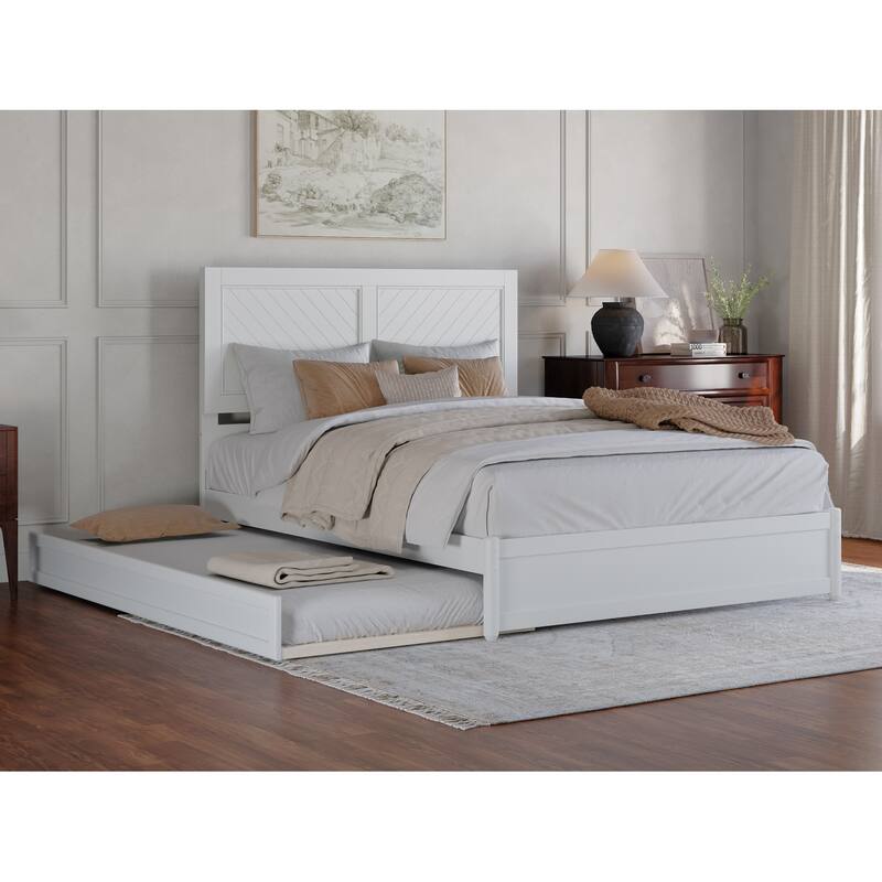 Clayton Platform Bed with Panel Footboard and Twin XL Trundle - White - Queen