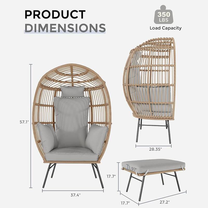 Oversized Indoor Outdoor Lounger Wicker Egg Chair with Ottoman for Patio, Backyard, Living Room
