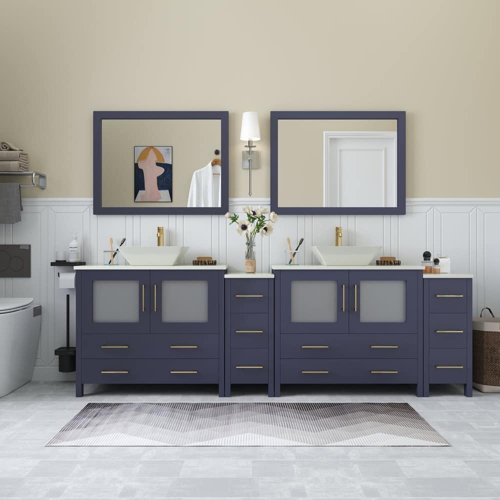 Vanity Art 96" Double Sink Bathroom Vanity Set with Engineered Marble Top and Free Mirror