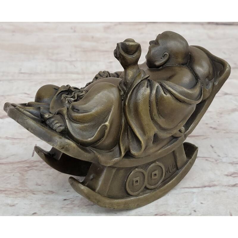Laughing Buddha On Rocking Chair Bronze Figurine Statue Sculpture Original Art