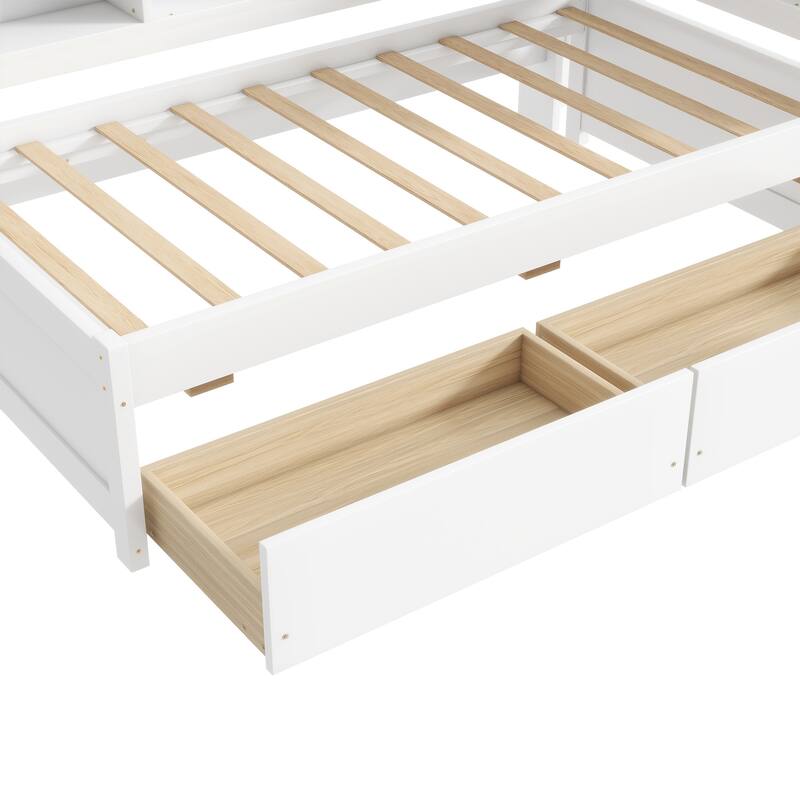 Bed with L-shaped Bookcases, Drawers