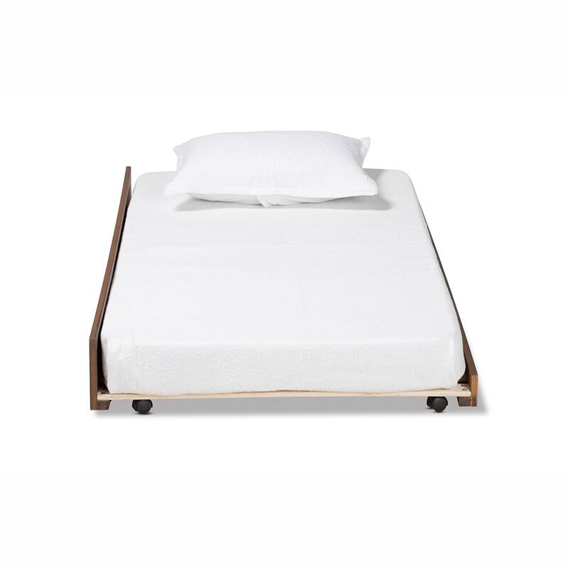 Twin Size Wooden Trundle Bed Frame with Walnut Brown and Gold Tone Metal Ring Pulls