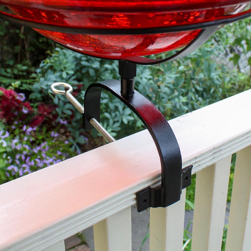 Achla Designs 12.5"Dia. Round Crackle Glass Birdbath w/Black Wrought Iron Over Rail Bracket