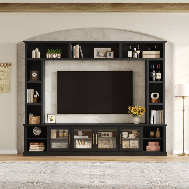 Entertainment Center Wall Unit for TVs up to 80", All-in-One TV Stand Glass Doors Storage Cabinet Bookcase Wine Rack