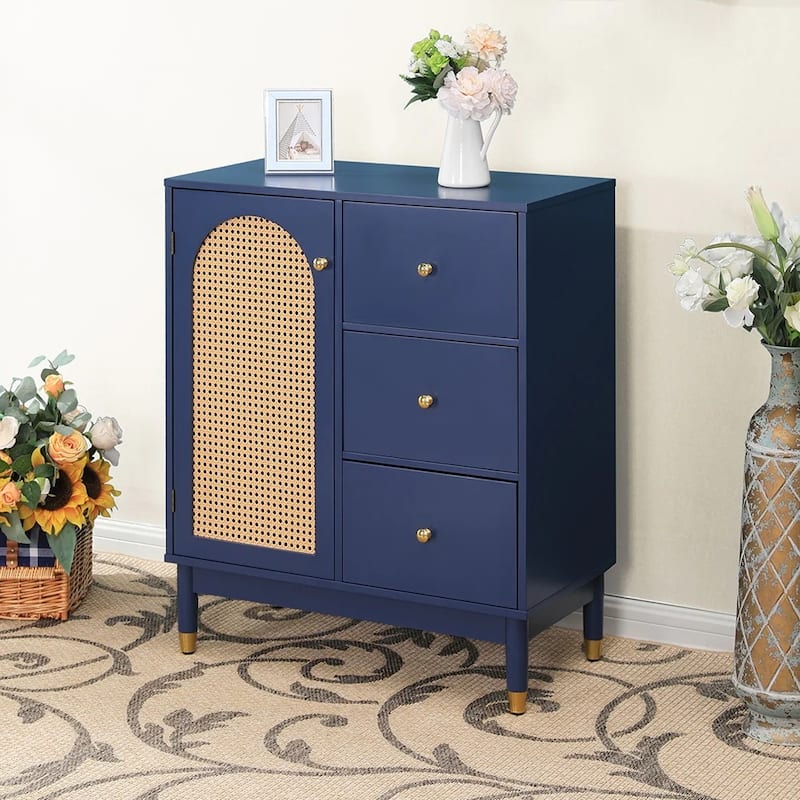 Blue Storage Cabinet with Rattan Doors and Adjustable Shelves - 3-Drawer+1-Door