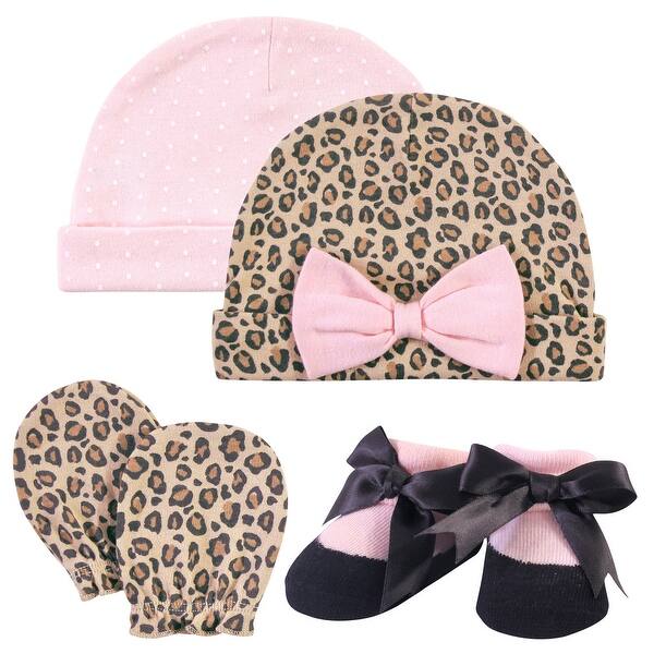slide 1 of 1, Hudson Baby Infant Girl Caps, Scratch Mitten and Sock Set 4pc, Leopard, 0-6 Months - Leopard Leopard - 0-6 Months