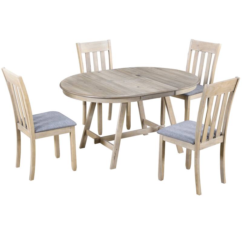 Natural Wood Wash Farmhouse 5-Piece Wooden Dining Table Set with Round Extendable Table & 4 Chairs