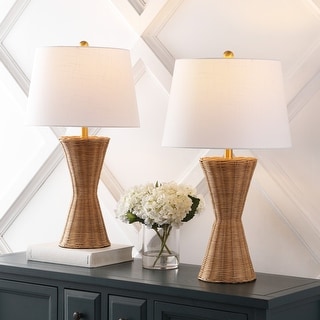 Alma 27" Coastal Designer Iron/Rattan Wicker LED Table Lamp, Natural (Set of 2), by JONATHAN Y