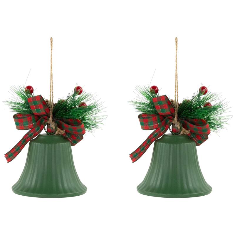 Christmas Bells with Pinecones and Plaid Bow Ornaments - 7" - Green - Set of 2