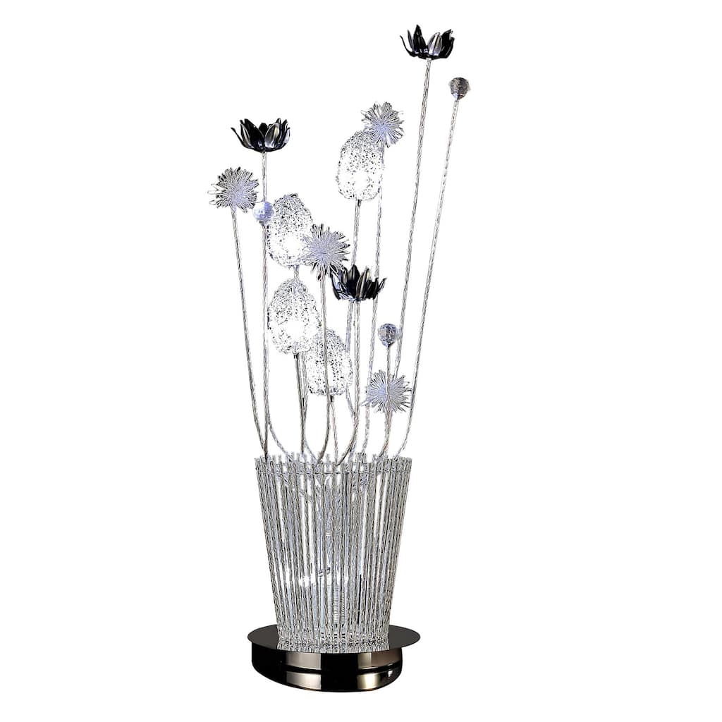 26 Inch Accent Table Lamp, Flower Vase Design, Metal, Chrome Finish