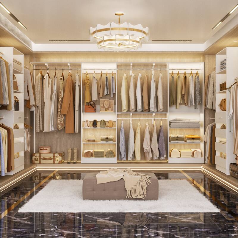 96'' W Walk-in Closet System with 4 Hanging Rods and 3 Shelving Towers, Sturdy Closet Organizer with Storage Shelves