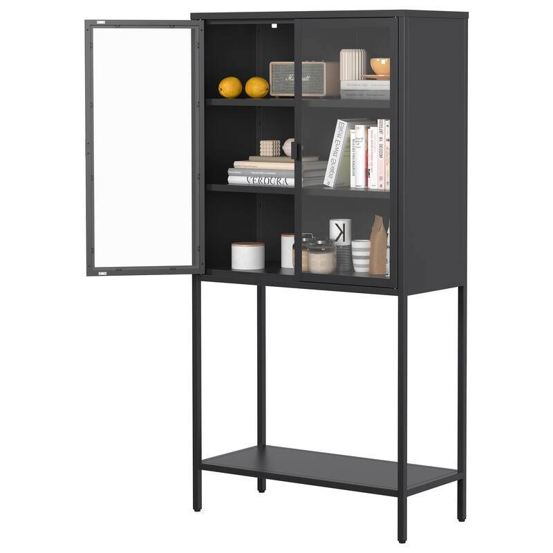 Heavy-Duty Metal Storage Cabinet - Display Cabinet with Glass Doors and 2 Adjustable Shelves