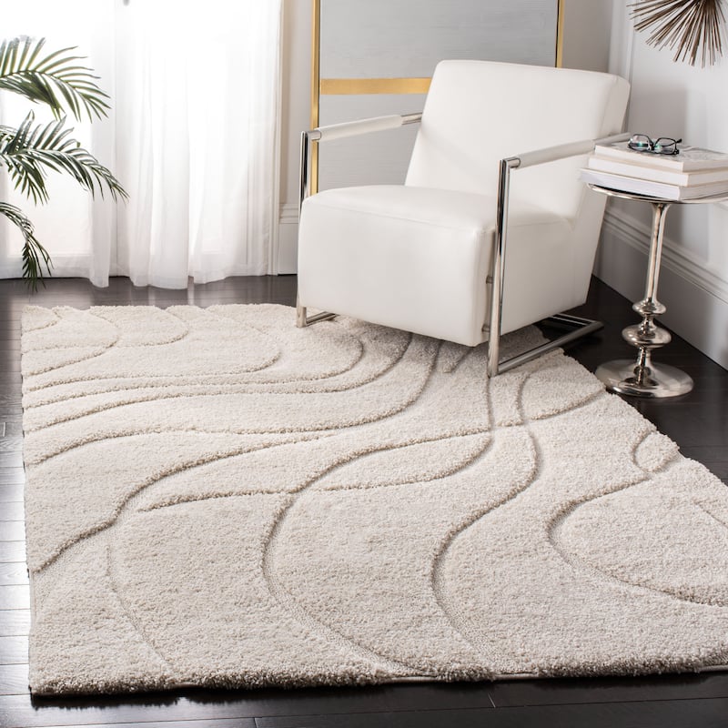 SAFAVIEH Florida Shag Sigtraud Abstract Waves 1.2-inch Area Rug - 6'7" x 6'7" Square - Creme/Creme