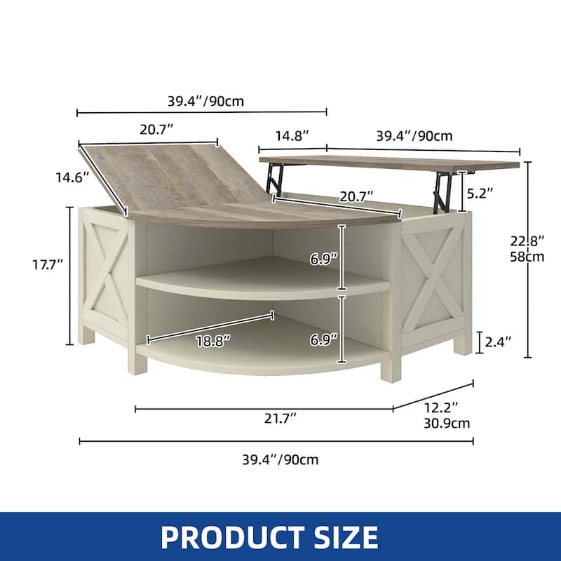 Moasis Farmhouse Lift Top Coffee Table with Hidden Storage and Shelves for Living Room