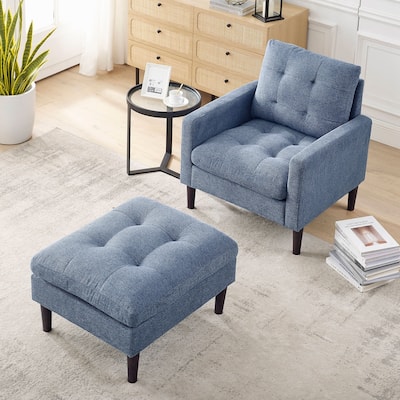 Fabric Single Sofa Chair with Ottoman, Solid Wood Legs