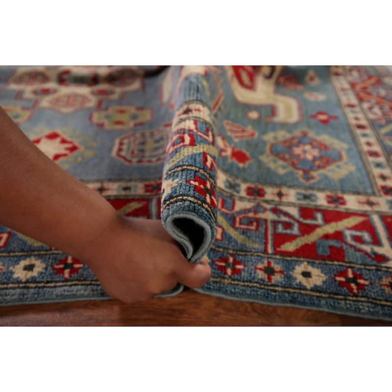 Geometric Blue Kazak Oriental Area Rug Handmade Wool Carpet - 4'3" x 5'11"
