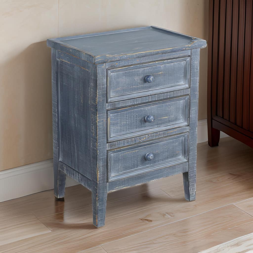 Rena Side End Table with 3 Drawers, 19 Inch Rustic Blue Mahogany Wood