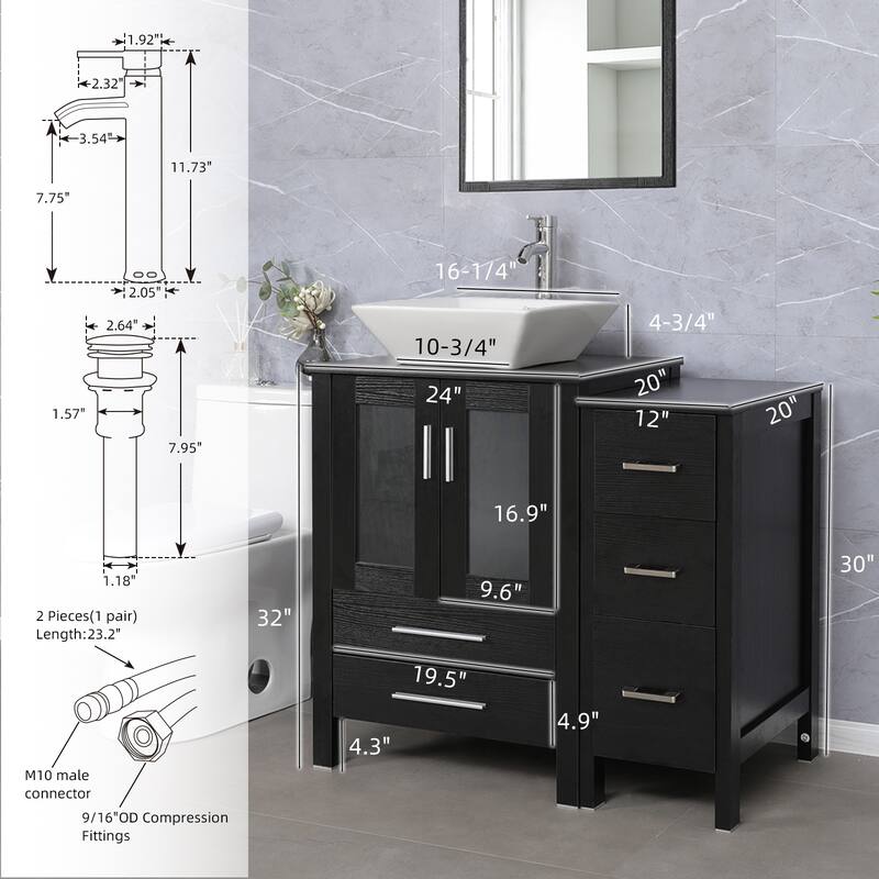 eclife 36" Bathroom Vanity Black Set with Side Cabinet Vessel Sink Faucet Combo