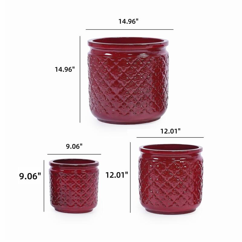Anmytek Handmade Ceramic Planter Set of 3 Burgundy Diamond Pattern