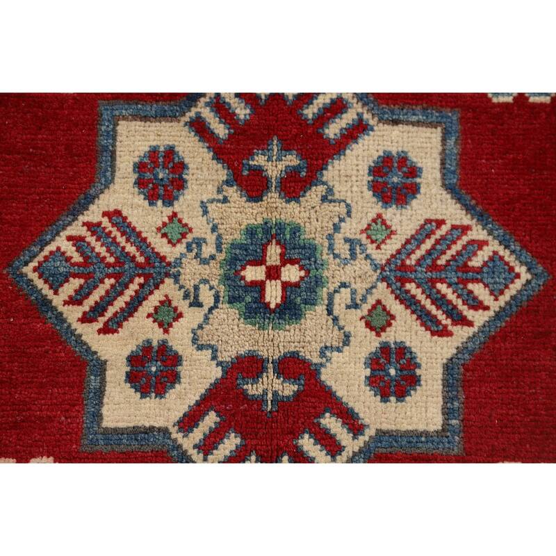 Red Kazak Oriental Accent Rug Hand-Knotted Geometric Wool Carpet - 3'4" x 4'11"