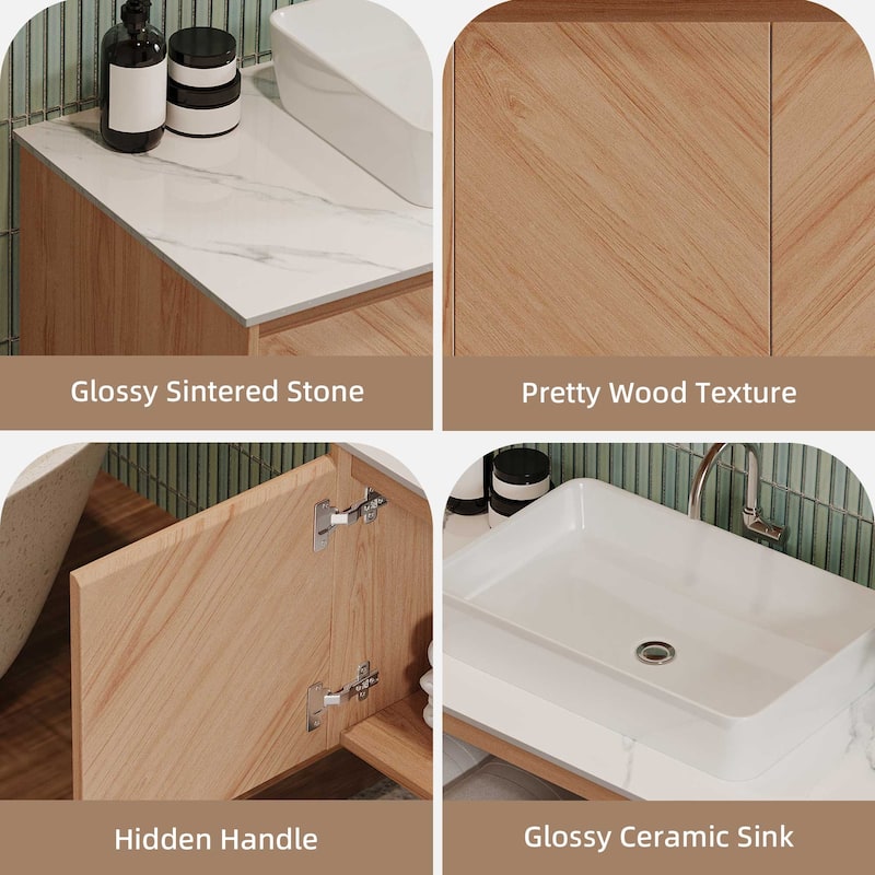35.83'' Single Bathroom Vanity with Stone Top, Brown Wood, Black Vessel, Floading Vanities
